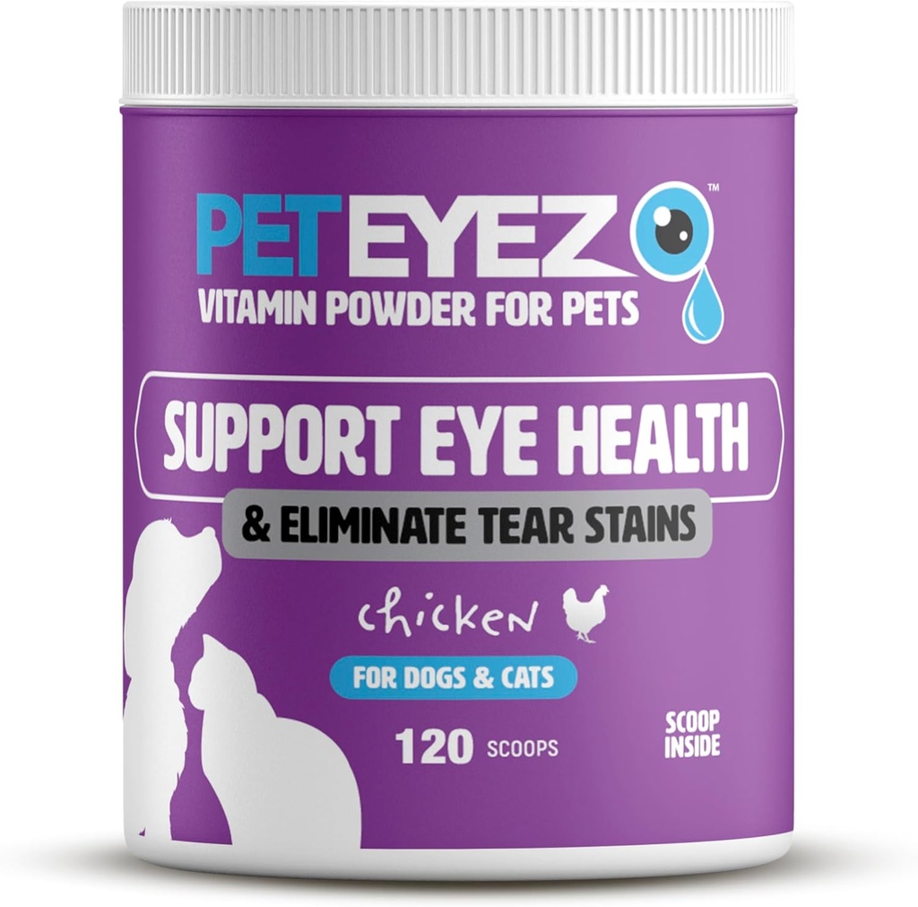 Pet Eyez Vitamin Powder for Pets - Unterstützt Augengesundheit & Reduces Tear Stain Buildup - 100% natürliche Lebensmittel Topper für Hunde & Katzen mit Superfood, Antioxidantien & Nährstoffe - Chicken Flavor - 120 Scoops
