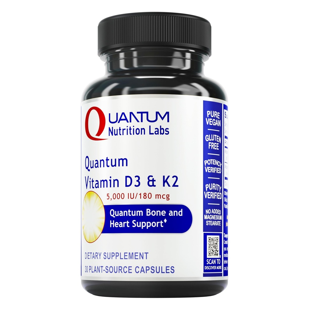 Quantum Nutrition Labs Vitamine D3 et supplément K2 - Bone & Heart Health Support for Women & Men, 5000 UI, Vitamines végétaliennes, permet l'absorption de calcium, sans gluten - 30 capsules à base de plantes