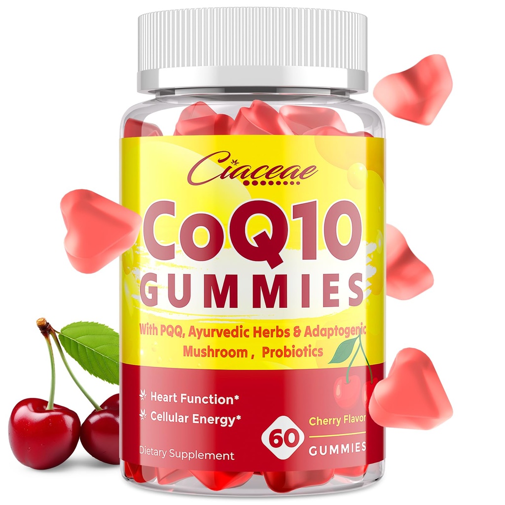 CoQ10 Gummis mit PQQ - 400 MG Coenzym Q10 Hohe Potenz, Verbessert mit Ayurvedic Kräuter, Adaptogene Pilzmischung & Probiotika für Herz, Gehirn, Energie, Immunität, Kirsche Flavor, 60 Vegan Gummis