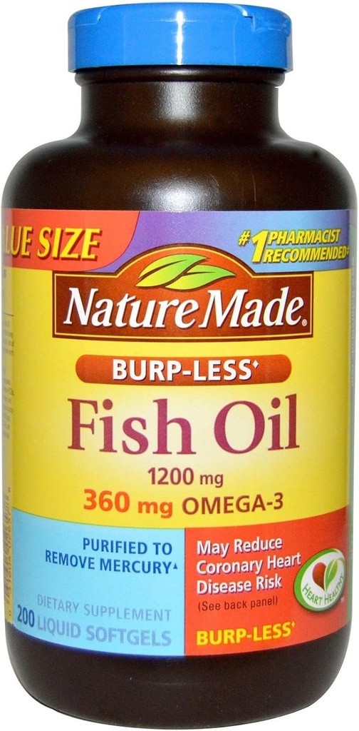 Huile de poisson de moins de 1 200mg, 360mg Oméga-3, Softgels liquides 200pc (paquet de 2)