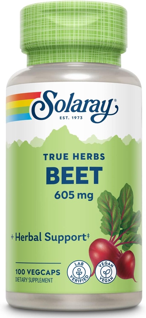 SOLARAY barbabietola radice 605mg | maggio supporto salute cardiovascolare e prestazioni atletiche, rene, fegato & salute del sangue | Non-GMO | Vegan | 100 VegCaps