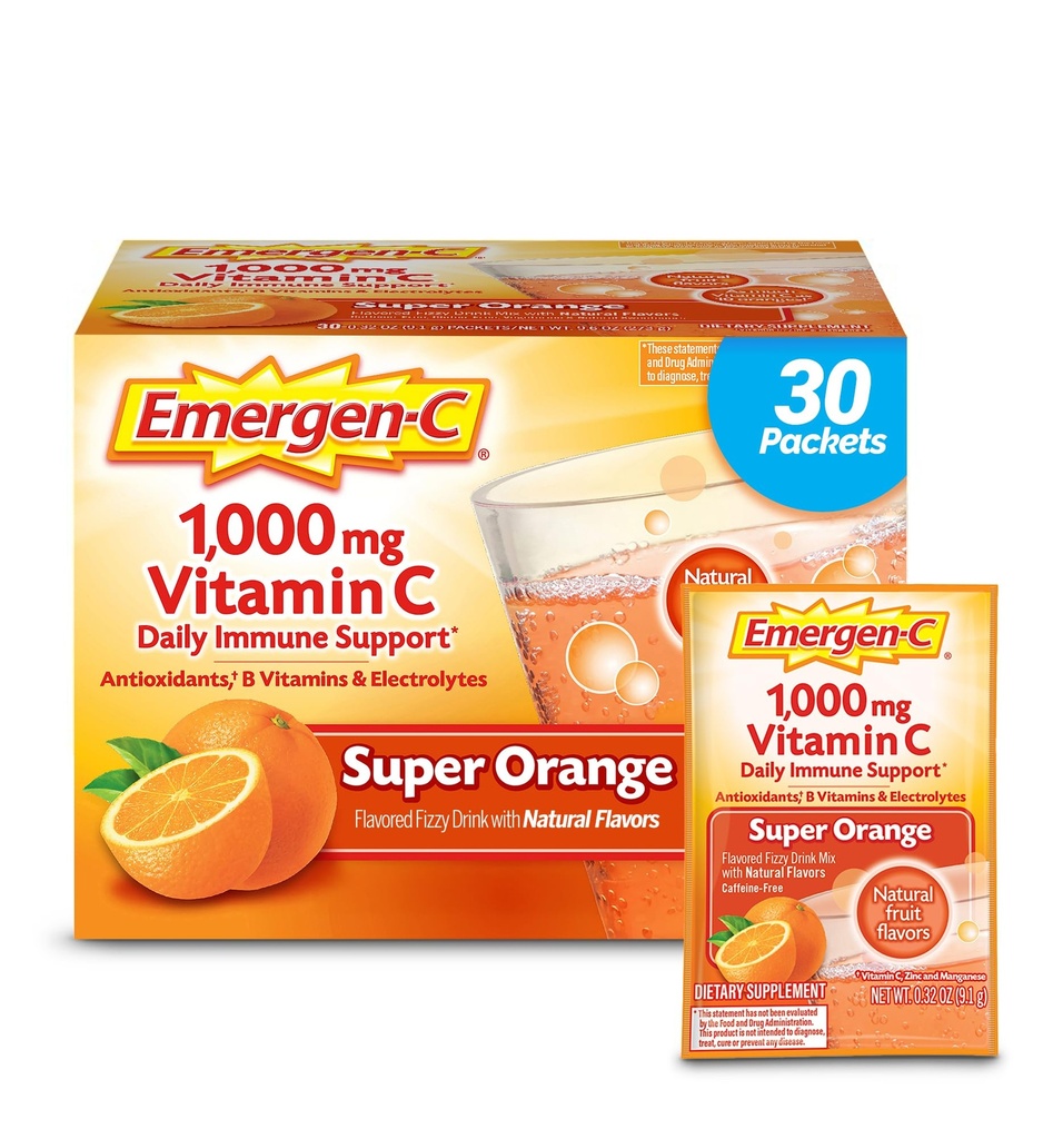 Emergen-C 1000mg Vitamin C Pulver für tägliche Immununterstützung Koffeinfreie Vitamin C Ergänzungen mit Zink und Mangan, B Vitamine und Elektrolyte, Super Orange Flavor - 30 Count