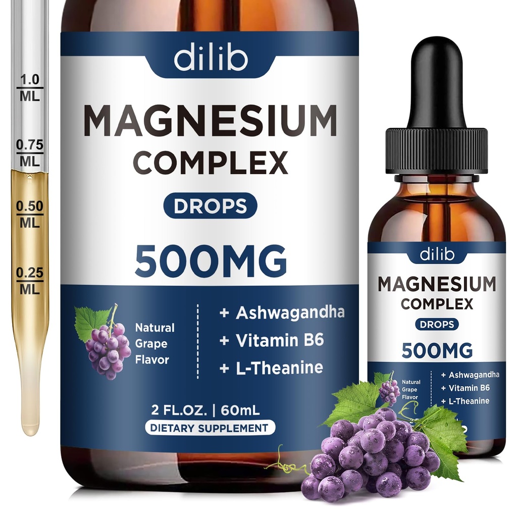 Magnesio Glycinate Gocce liquide, Magnesio Glycinate Supplemento 500mg con Citrato, Malato, Ashwagandha, L-teanina, Vitamina B6 per il sonno, Stress Relief, Bone, Muscolo, Mood, Uva aroma 2 Fl Oz