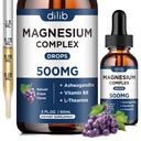 Magnesio Glycinate Gocce liquide, Magnesio Glycinate Supplemento 500mg con Citrato, Malato, Ashwagandha, L-teanina, Vitamina B6 per il sonno, Stress Relief, Bone, Muscolo, Mood, Uva aroma 2 Fl Oz