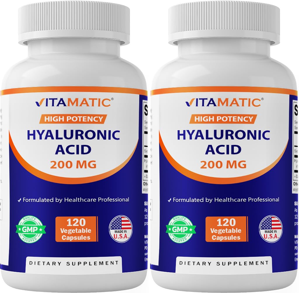 Vitamatic 2 Pack Hyaluronsäure-Ergänzungen 200mg - Unterstützt gesundes Bindegewebe und Gelenke - Förderung jugendlicher gesünder Haut - Insgesamt 240 Kapseln