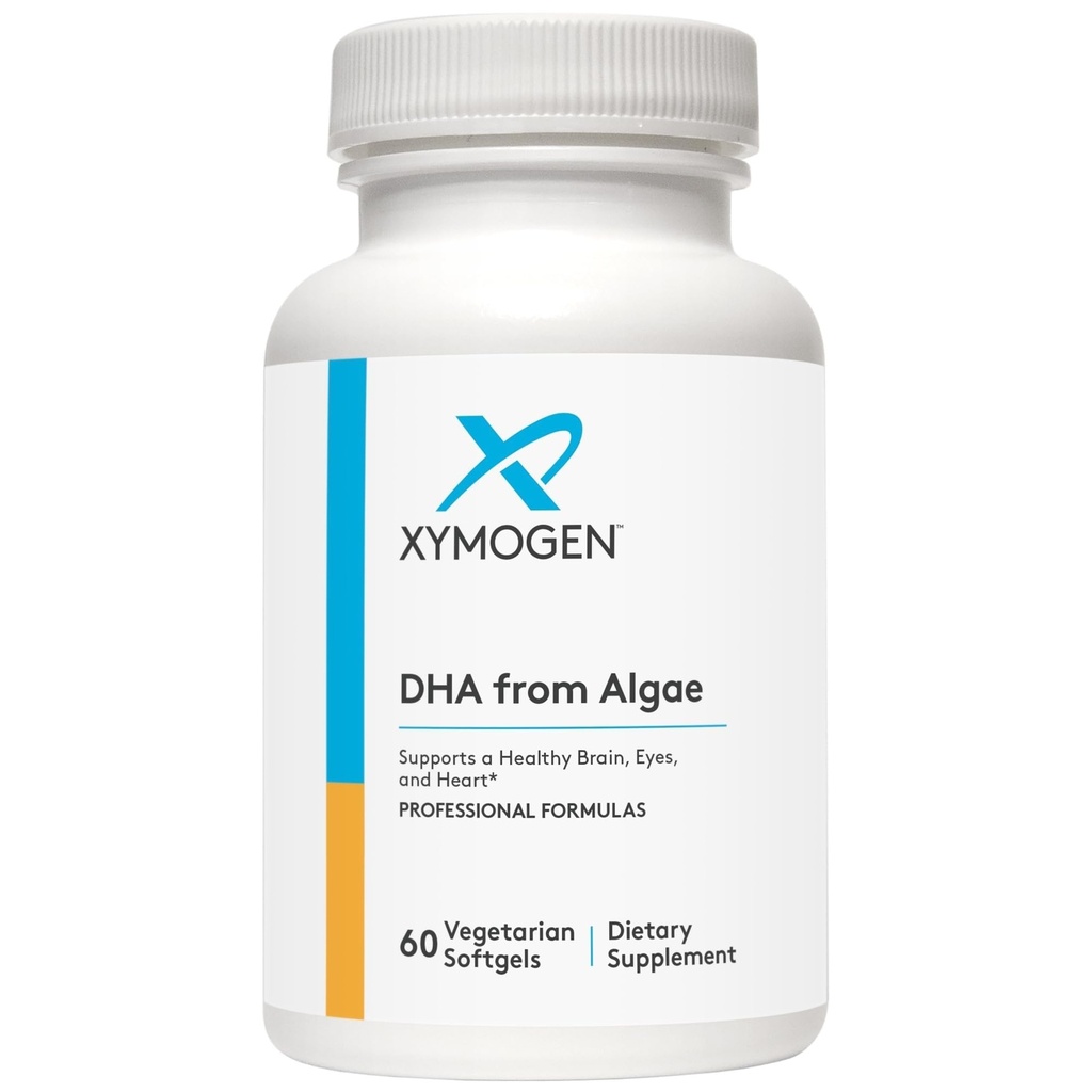 XYMOGEN DHA d'Algae - Supplément Omega-3 DHA - soutient le cerveau, les yeux, le cœur + la santé immunitaire (60 softgels)