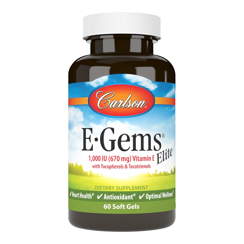 Carlson - E-Gems Elite, 1000 UI (670 mg) Vitamine E avec tocophérols et tocotriénols, bien-être optimal, 60 softgels