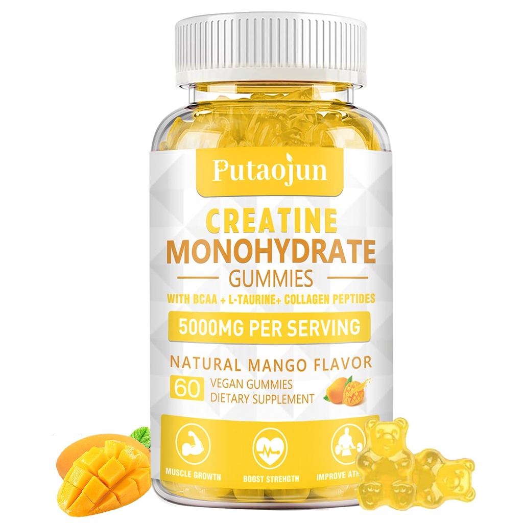 Kreatin Monohydrat mit Vitaminen D3 & B12 | Zuckerfreie hydrolysierte Collagen & Creatine Gummies | 60 Count