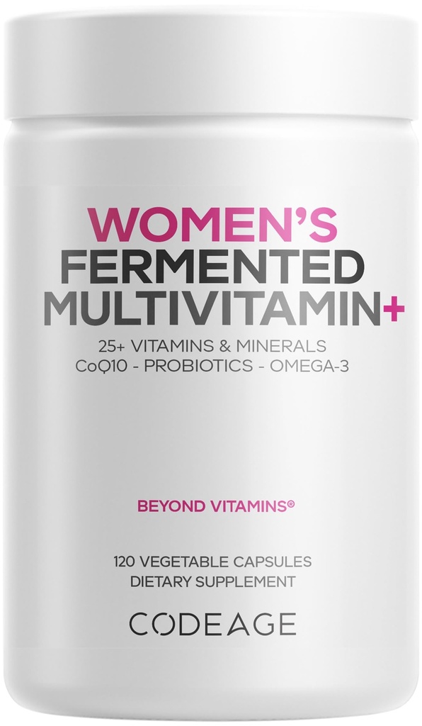 Codifica Multivitamina quotidiana delle donne, 25+ Vitamine & Minerali, Fermentato, Alimenti integrali organici, Supplemento Probiotici - Vitamina A, B, C, D, E & K, Omega 3, Zinco – Vegan - 120 capsule