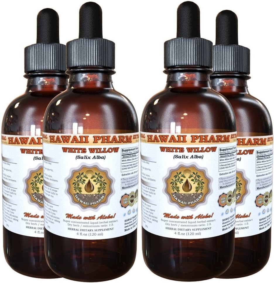Extrait liquide de saule blanche, saule blanche biologique (Salix Alba) Teinture d'écorce séchée, supplément à base de plantes, Hawaii Pharm, Fabriqué aux États-Unis, 4x4 fl.oz