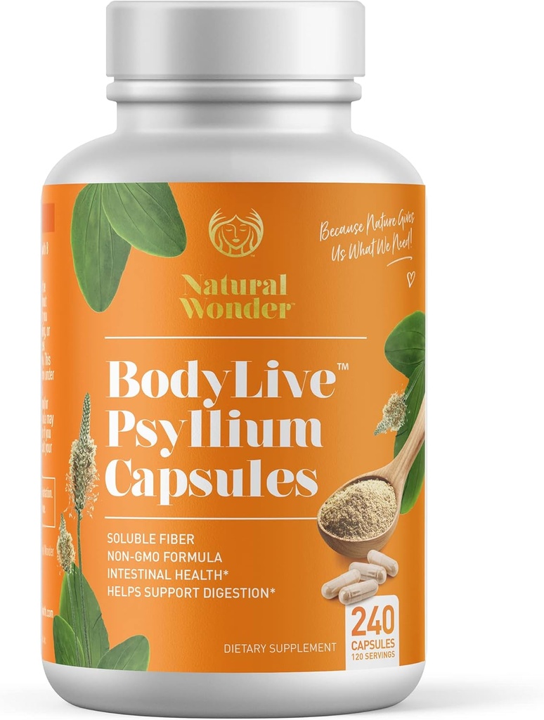 BodyLive Psyllium Husk Fiber Capsule Non-GMO 725mg, 240 Kapseln (1450mg/serving, 120 Portionen) Ergänzung für Colon Cleanse, Regularity, Healthy Digestion, Prebiotic, Laxative, Herzgesundheit