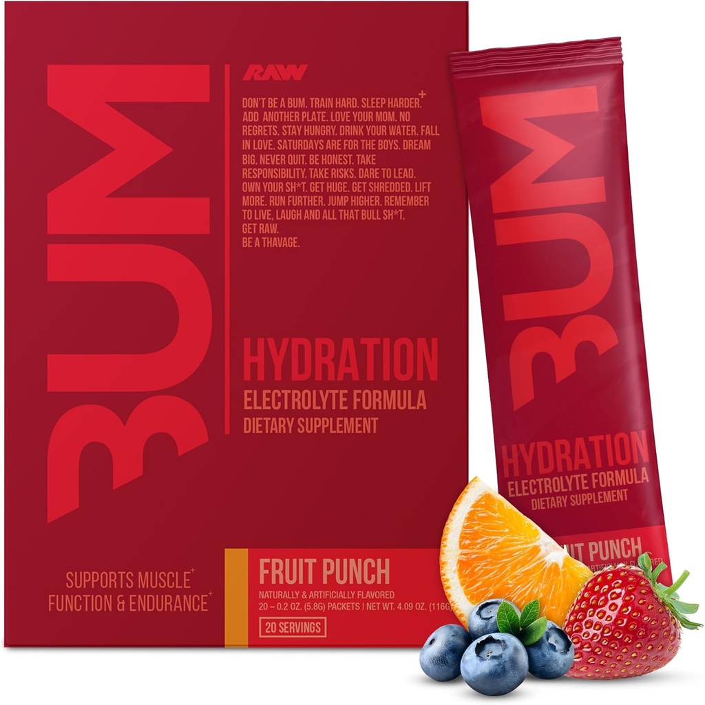 RAW Electrolytes Powder Drink Mix Packets, BUM Hydrate (Fruit Punch, 20 portions) - Electrolyte Hydratation Packets supporte la fonction musculaire et l'endurance - Kéto Free Electrolytes Powder Packets