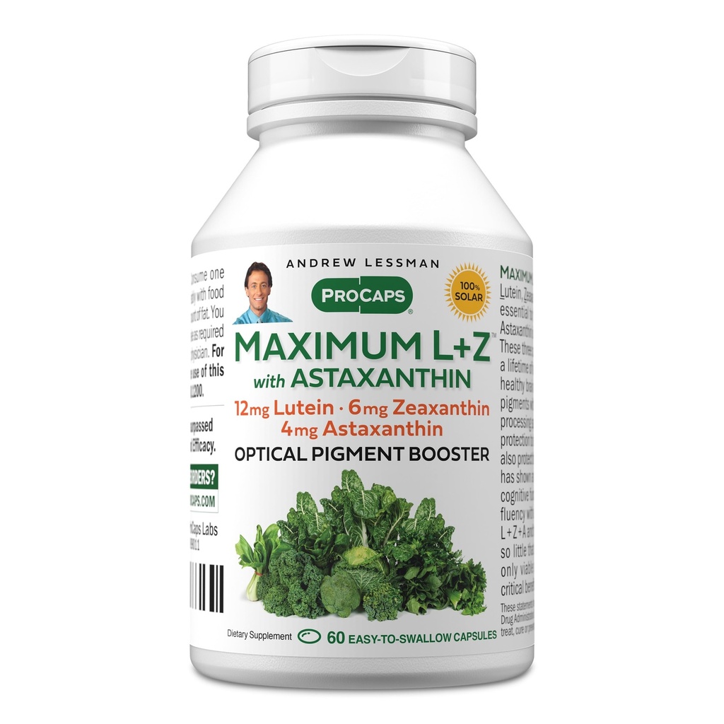 ANDREW LESSMAN Maximum L+Z mit Astaxanthin 60 Softgels - 12mg Lutein, 6mg Zeaxanthin, 4mg Astaxanthin. Hauptnährstoffe zur Unterstützung von Augen- und Gehirngesundheit und zur Förderung gesunder Vision.