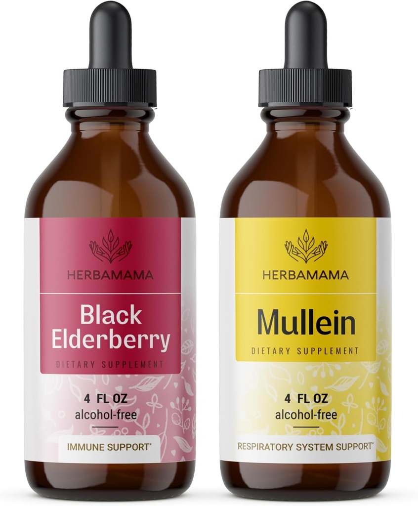 HERBAMAMA Kit de gouttes liquides à base de plantes - Ensemble d'extrait de mûre noire et de teinture de feuille de Mullein 4 fl oz - végétalien, non-OGM, sans sucre et sans alcool - 2 packs