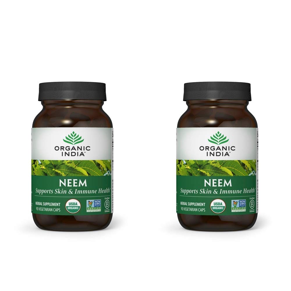 ORGANIC INDIA Neem Leaf Capsule, Herbal Supplement - Supporta pelle, Immune, & Liver Health, Detox, Vegan, Gluten-Free, USDA Certified Organic - 90 Capsule (2-Pack)