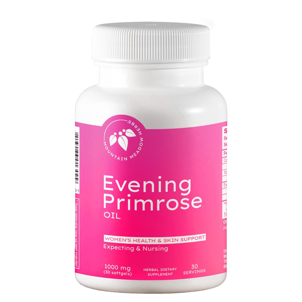 Mountain Meadow Herbs Soiring Primrose Oil 1000mg – Omega-6 Acides gras pour les femmes Santé, soutient la peau claire et l'équilibre hormonal, sans gluten, facile à prendre Softgels (30 comte)