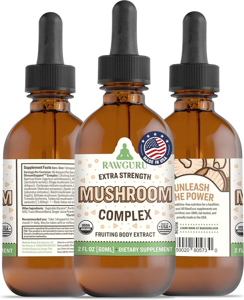 RawGuru Organic Mushroom Complex Tincture - Bio Pilzextrakt mit Trace Minerals - Nano-Processed Cognitive & Immun Support Supplement - 60 Portionen von Vegan Tropfen pro 60 ml, Packung 1