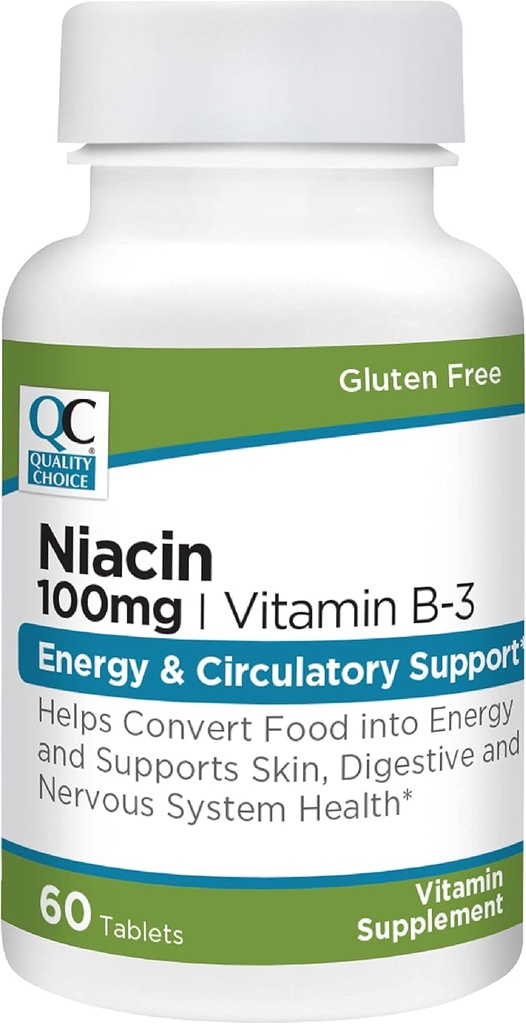Quality Choice Niacin (Vitamin B3) Energy & Ciculatory Support 100 mg Supplement, 60 Count Bottles