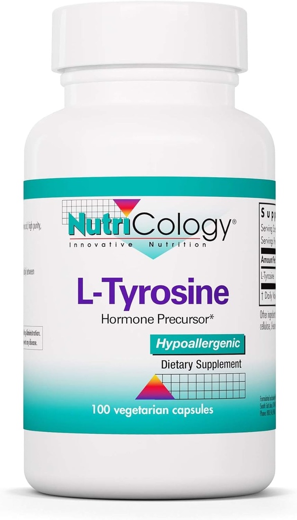 Nutricologie L-Tyrosine - Soutien cérébral, Précurseur hormonal, Acid Amino de forme libre, Supplément 500mg, Capsules de soutien thyroïde - 100 Compte