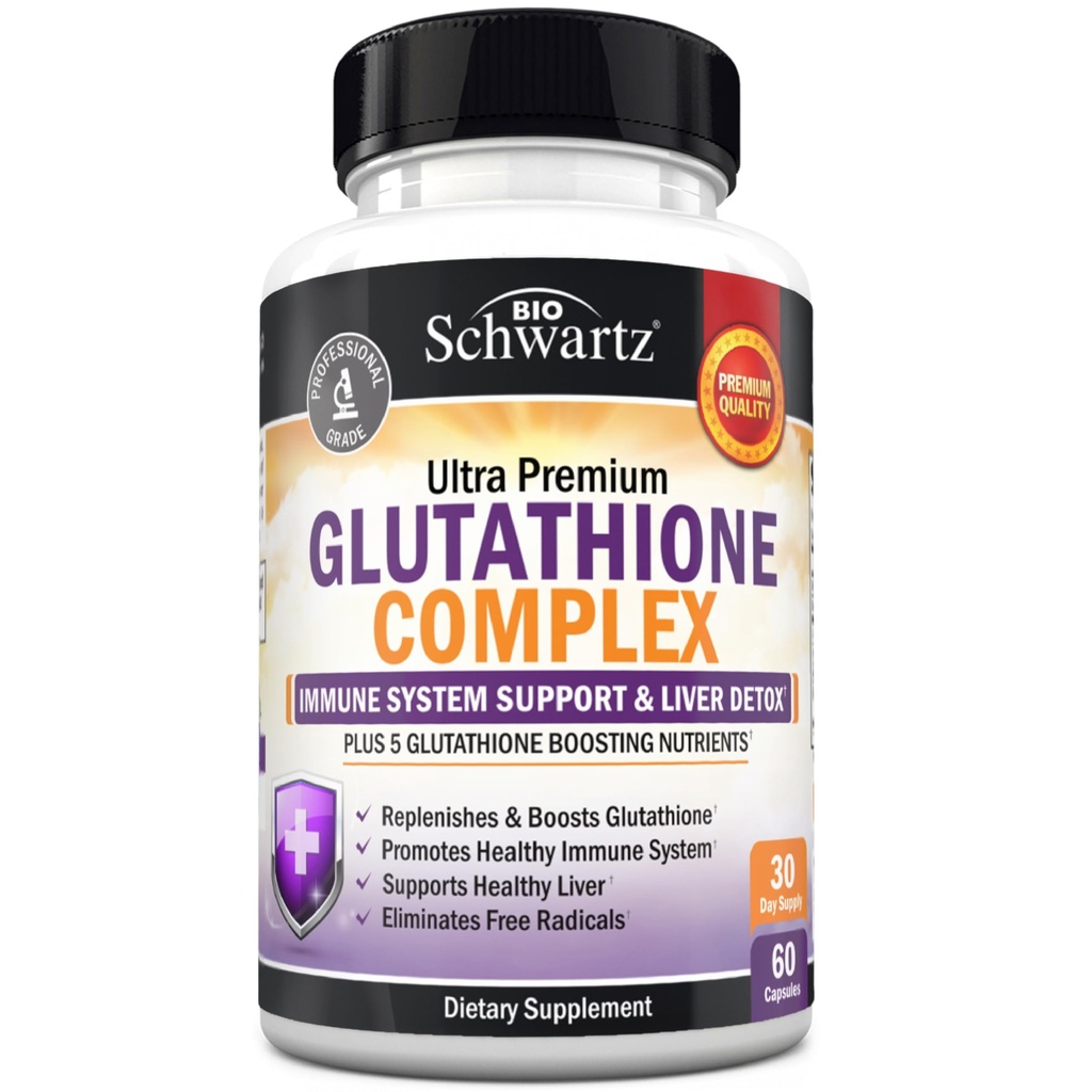 BioSchwartz Supplément de glutathion 500mg - Détox hépatique avec Quercetin, Vitamine C, Thistle de lait, acide alpha lipoïque - pilule de soutien immunitaire - Formule de santé de défense immunitaire améliorée - 60 Capsules