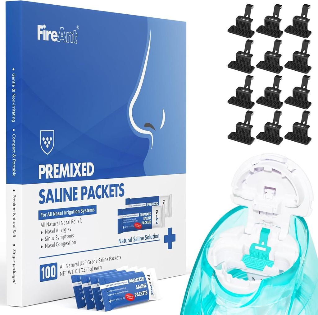 FireAnt 100 Saline Packets et 12 réutilisables Saline Pods Recharges Set, Compatible avec Navage Nasal Care - Comprend 100 Count Salt Packets Sinus Rinse + 12 Pack Silicone Salt Pads Recharge en noir