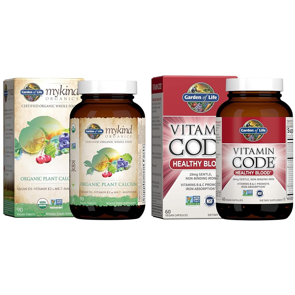 Garten des Lebens Bio-Pflanze Kalzium mit Magnesium, Vitamin D3 & K2 MK7 Plus Vitamin Code Gesundes Blut mit 28 mg Eisen für Anämie Unterstützung