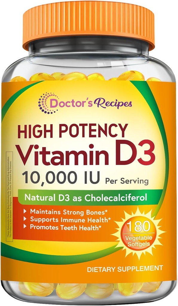 Recettes du médecin Vitamine D3 10000 UI, Bons, Dents et Immune Support, Non-OGM, Pas de gélatine, Gluten ou soja, 90 jours d'approvisionnement, 180 softgels végétariens