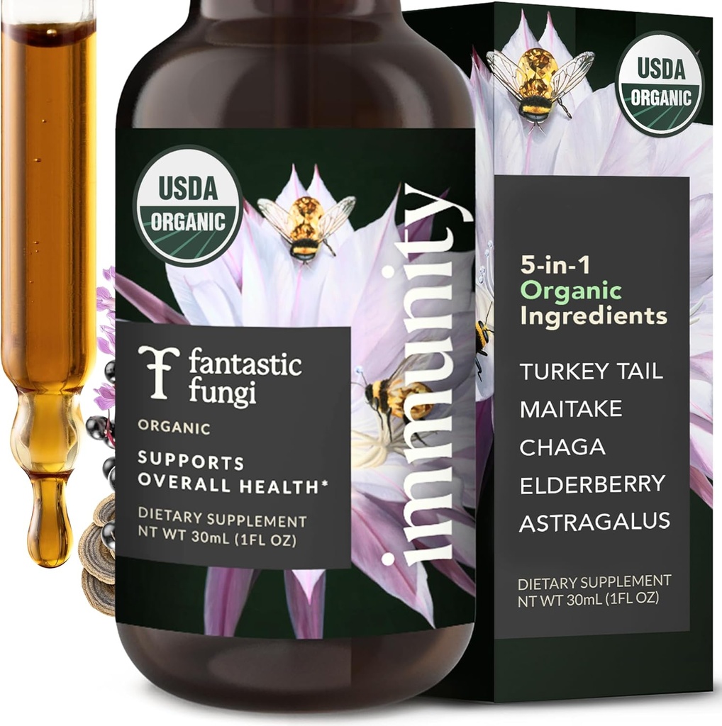 Fantastische Fungi Pilz Extrakt Tropfen - Immunität Elixir mit Türkei Tail Pilz Extrakt, Maitake, Elderberries, Chaga & Astragalus - 5-in-1 Organische Immununterstützungsergänzung, 30 Portionen, 1 fl oz