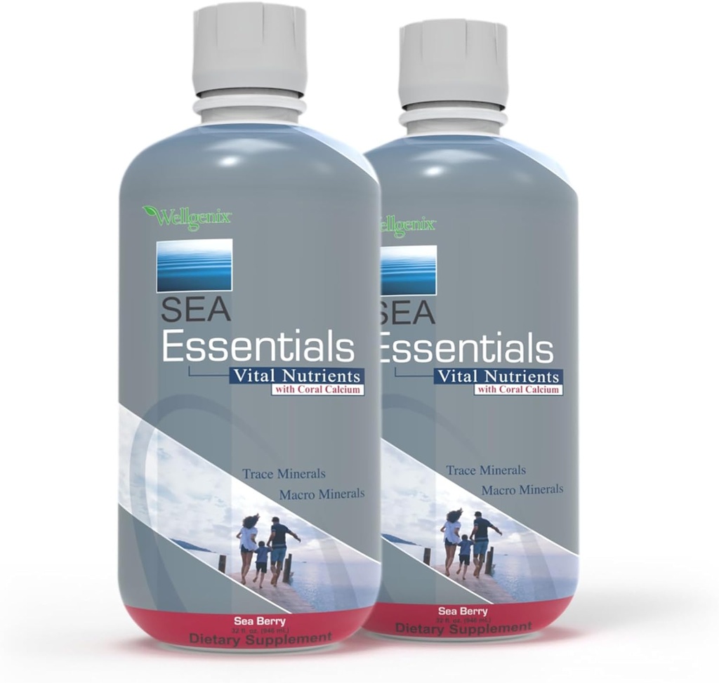 Wellgenix Sea Essentials Supplément nutritionnel multivitamine - Calcium de corail liquide, minéraux traces et macro, 1 oz par jour, saveur de baie de mer - pour les hommes et les femmes, les adultes et les enfants, 32 Fl Oz (paquet de 2)