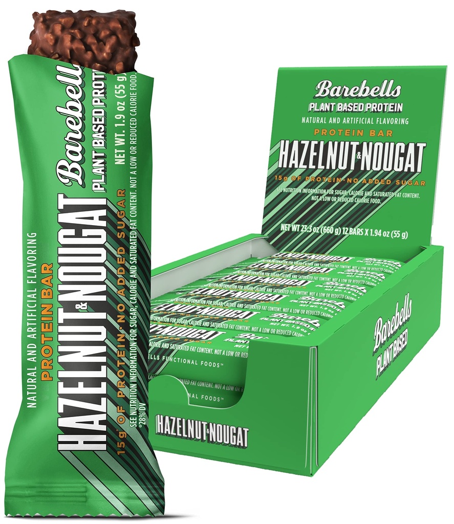 Hanteln Vegan Protein Bars Hazelnut & Nougat - 12 Count, 1.9oz Bars - Eigenschaften Pflanzenbasierte Protein Bar mit 15g Protein - Schokoladenprotein Snacks mit nur 1g Gesamtzucker - Ideal für