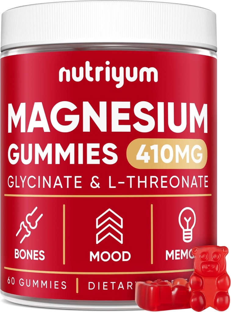 Magnesio Glycinate Gummies per Adulti & Bambini - 410mg Magnesio Elementale L-Threonate Chewables per Bones & Memory Support, Mood Calma - 2 mesi Alimentazione Magnesio Gummies Supplement Complex - 60 pz