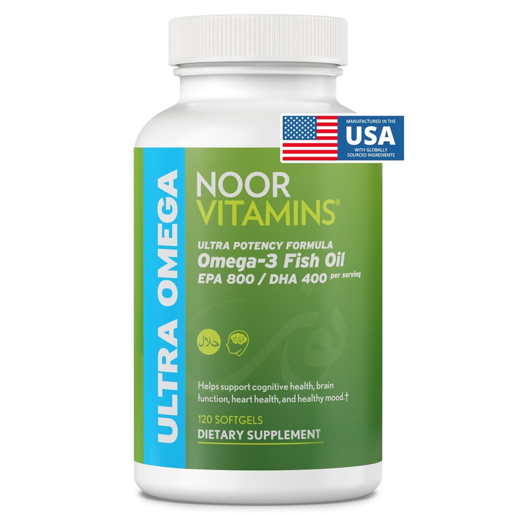 Noor Vitamine Halal Fischöl, Halal Vitamine, Ultra Omega 3 Wild peruanischer Fisch (800 mg EPA & 400 mg DHA) Herz, Gehirn & Joint Support, Nicht-GVO und glutenfrei (120 Zählung)