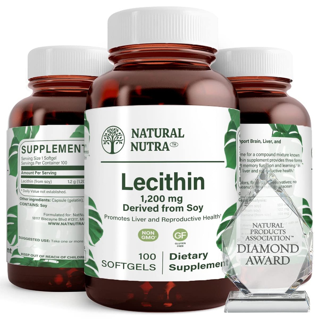 Supplément alimentaire Nutra Soy Lécithine 1 200 mg - Fonction cérébrale, Santé du foie, Santé du sein Hepls, Supplément de stimulation de la mémoire - Sans gluten, sans BPA, 100 softgels dans des bouteilles de verre recyclables