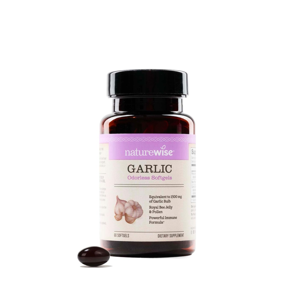 NatureWise Odorless Knoblauch Pillen - mit Royal Bee Jelly & Pollen - Kräuterergänzung für Herz-Gesundheit + Immunsystem + Antioxidantien - Glutenfrei, Non-GMO - 60 Softgels [2-Monat-Versorgung]