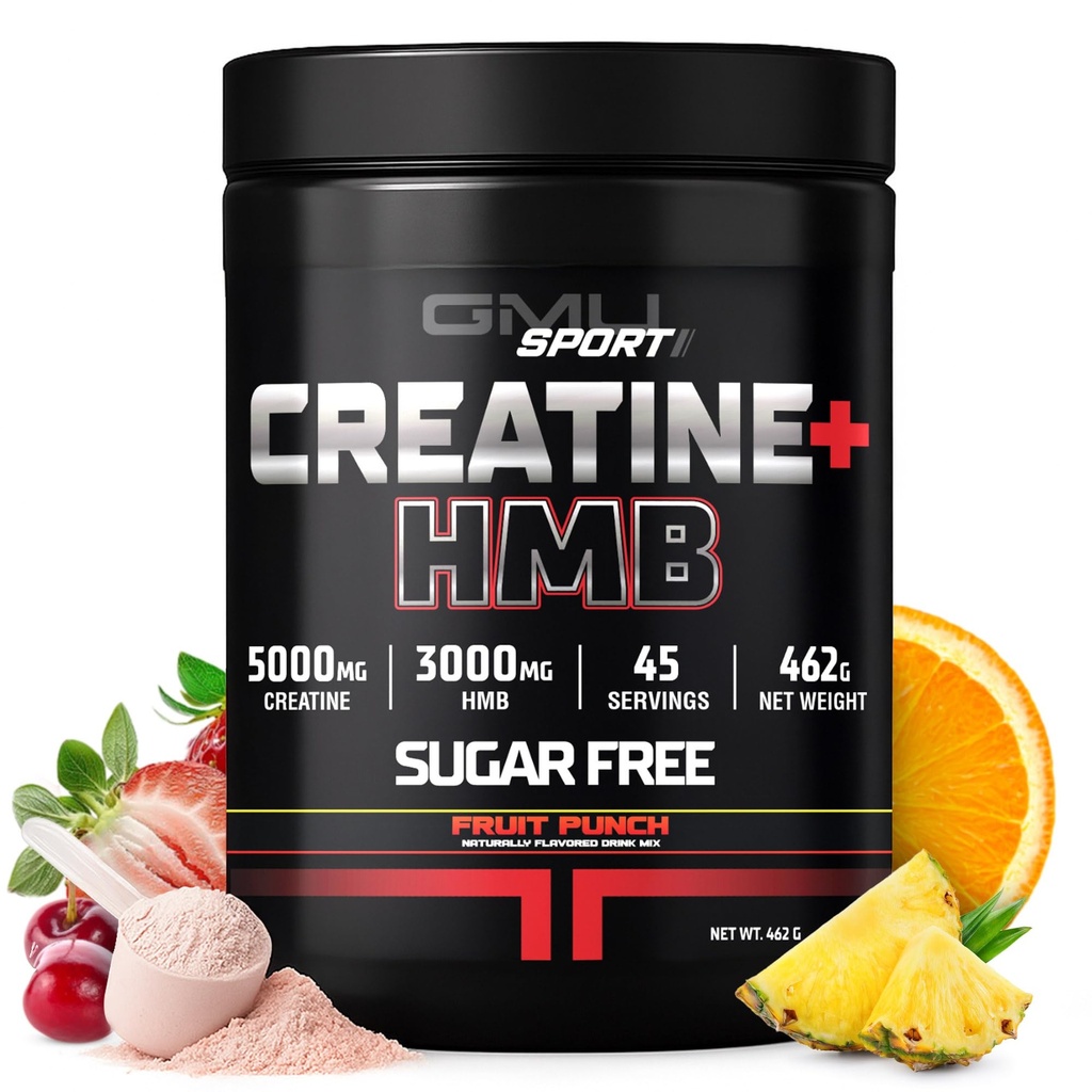 GMU SPORT - Kreatin-Monohydrat mit HMB-Pulver - 45 Servierungen, Kreatin HMB-Ergänzungen, Kreatin mit HMB für erhöhte Stärke, Muskelwachstum & Enhanced Energy, 3G HMB/Fruit Punch