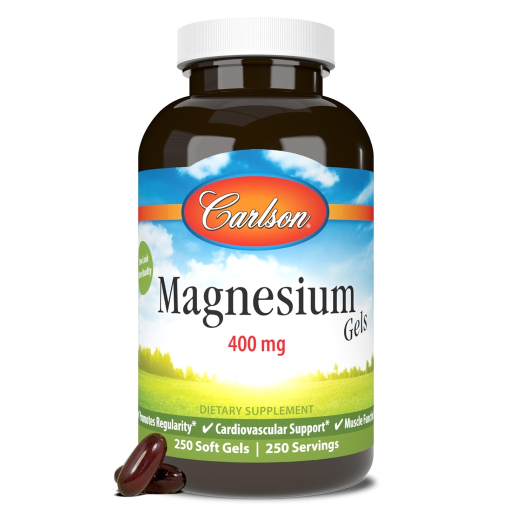 Carlson - Gel di Magnesio, 400 mg di Magnesio per Softgel, Heart & Muscle Support, Magnesium Gel Caps, Bowel Function, Magnesium Supplement, 250 Softgels