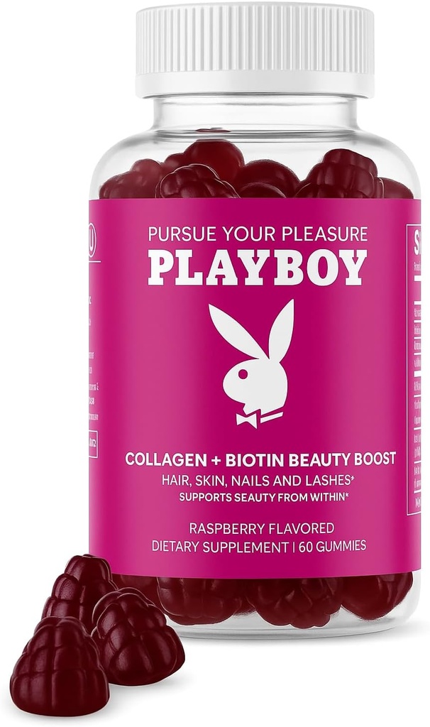 Playboy - Collagen + Biotin Beauty Boost Gummies for Hair, Skin, Nails & Lashes (60 Gummies) - Raspberry Flavored Biotin & Collagen Supplemento per Donne & Uomini - Non OGM, Gluten Free, Nut Free Gummy