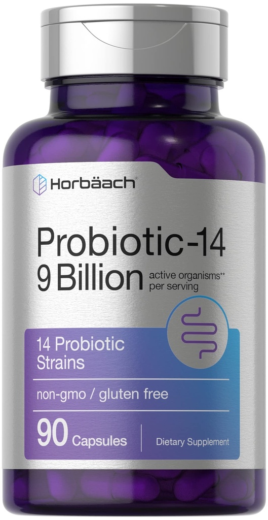 Horbäach Probiotics for Women & Men | 14 Strains for Digestive Health | 9 miliardi di CFU | 90 capsule | Non-OGM & Gluten