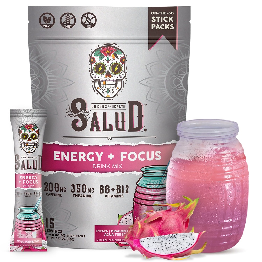 Salud 2-en-1 Poudre de boisson énergisante + Focus, Fruits dragons, Caféine biologique, B6 + B12, Théanine, Paquets de boissons énergisantes propres, Pitaya Agua Fresca Mix, Non-OGM, Sans gluten, Vegan, 1g de sucre, (15 portions)