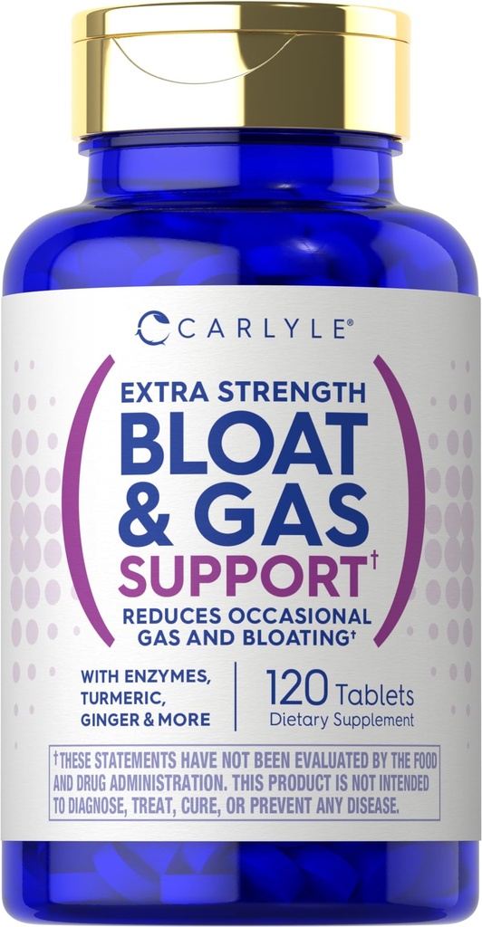 Carlyle Bloat & Gas Support for Men & Women | 120 compresse | Pillole di resistenza extra | Supplemento con enzimi, curcuma, Ginger & More | Formula non OGM & Vegetariana