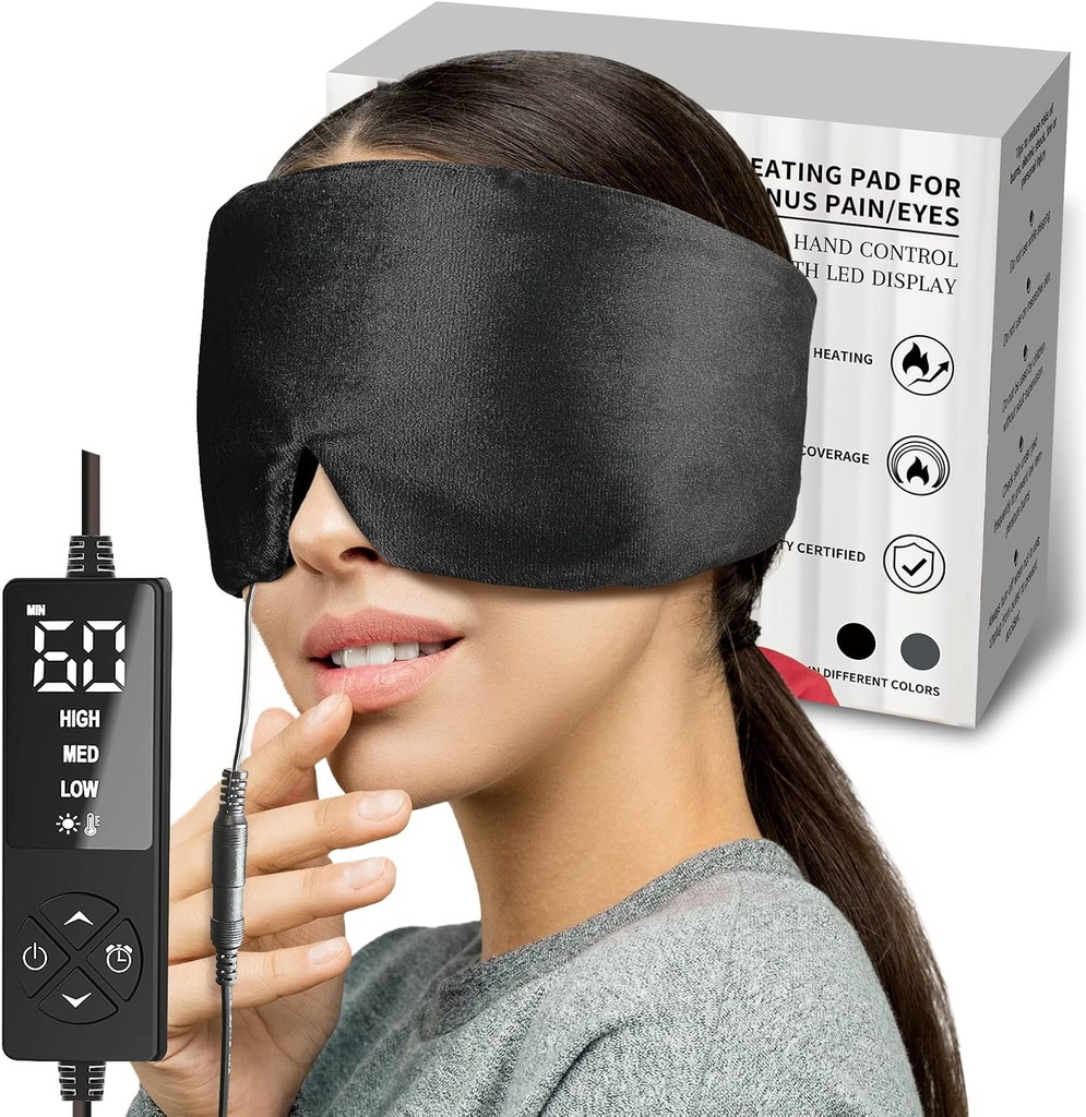 sticro Masque à œil chauffé avec extra grande taille pour les yeux secs et le soulagement de la pression de sinus, tampon de chauffage ultra doux visage pour le soulagement des maux de tête de tension, soulagement de la douleur Jaw TMJ - 3 réglages de la chaleur et 5 temps (noir)