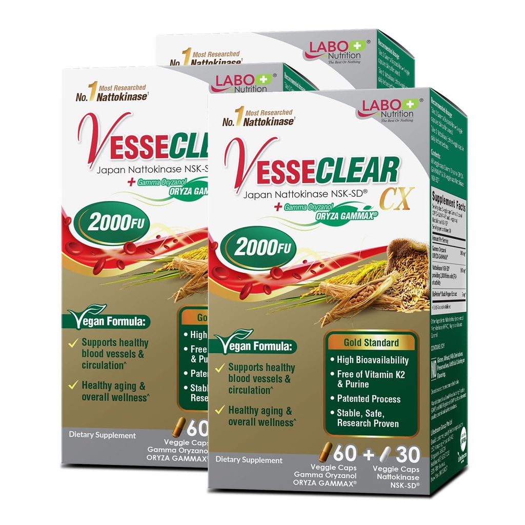 LABO Nutrition VesseCLEAR CX: Nattokinase NSK-SD + Gamma Oryzanol for Clean Blood Vessel & Healthy Ageing, Japan's Most Clinical Studyd, For Healthy Cholesterol, Heart, Vegan, Acid-Resistant, 60sx3