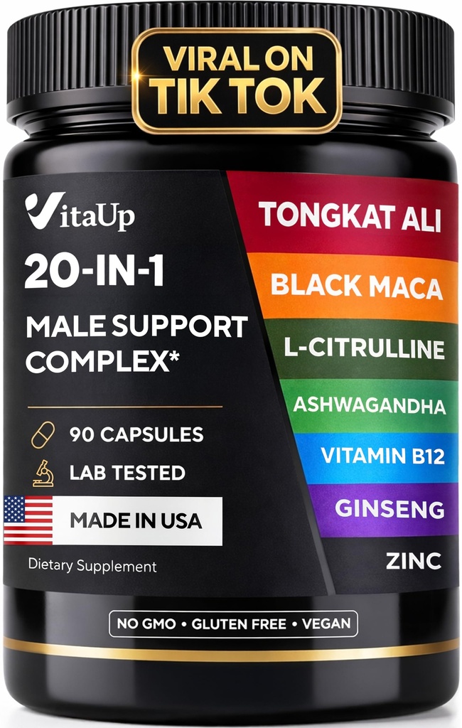 Tongkat Ali per Uomo 20 in 1 con Astragalus - USA Made Mens Supplement Complex con Black Maca Root, L-Arginina, Ginseng, Calcium, Astragalus for Normal Strength & Endurance Support - 90 Caps