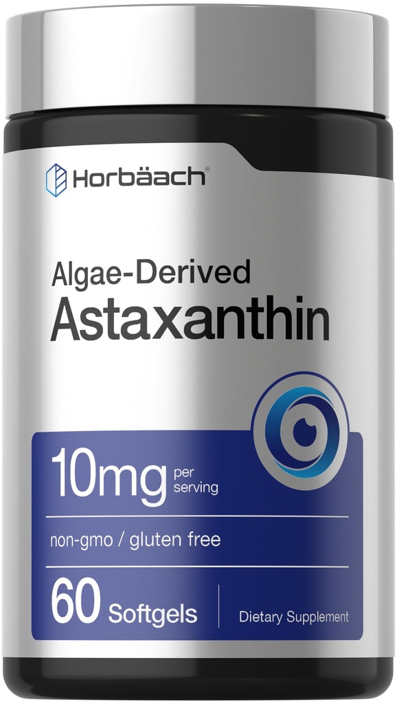 Horbäach Astaxanthin Ergänzungen | 10mg | 60 Softgels | Algae abgeleitete Formel | Non-GMO, Glutenfrei
