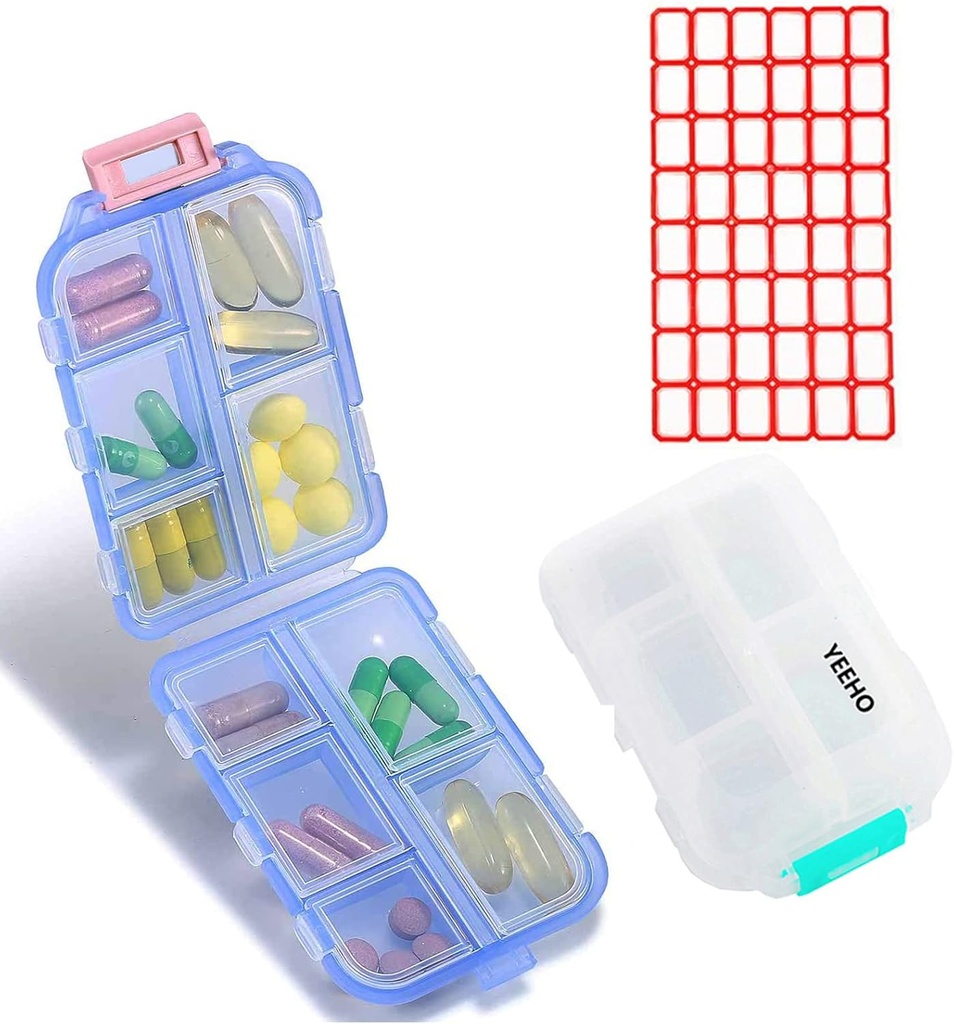 Pill Case (2 Pack) - Tragbare kleine Ergänzungen Tablet Container Box mit 10 Komponenten - Medizin Vitamin Organizer Dispenser Halter für Reise Trip Pocket Purse (Blue+White)