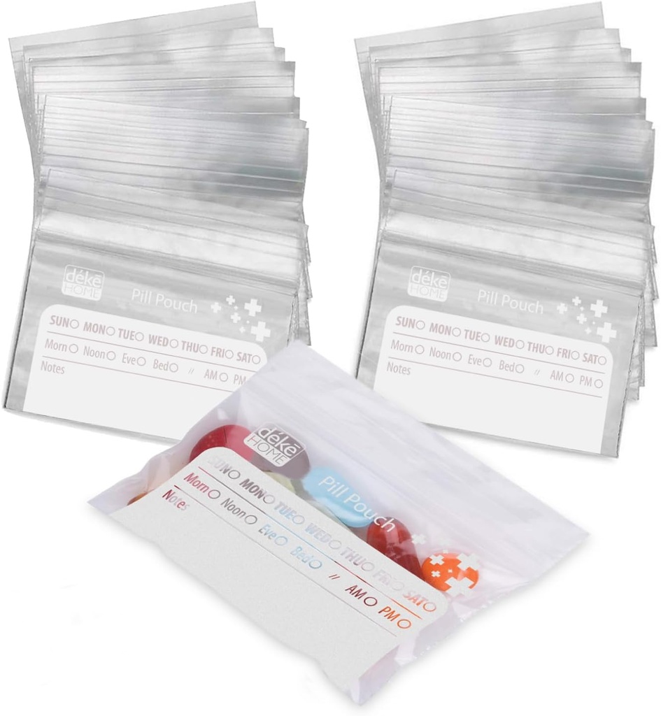 Deke Home - 250 Pack Klare wiederverschließbare Pillentaschen (4x2.75 in), Travel Medicine Pouches mit Aufschrift, BPA-freie Einweg-Pille Organizer für Medikamente, Vitamine & Ergänzungen