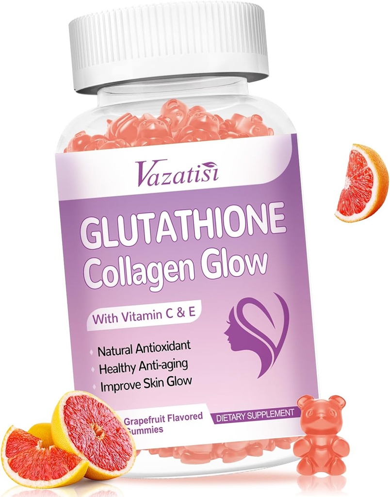 Glutathione Collagen Glow Gummies, Kollagengummis mit Vitamin C, E, Glutathione Beilage für Damen, Hautpflege, Anti-Aging, Grapefruit Flavor, 60 Count