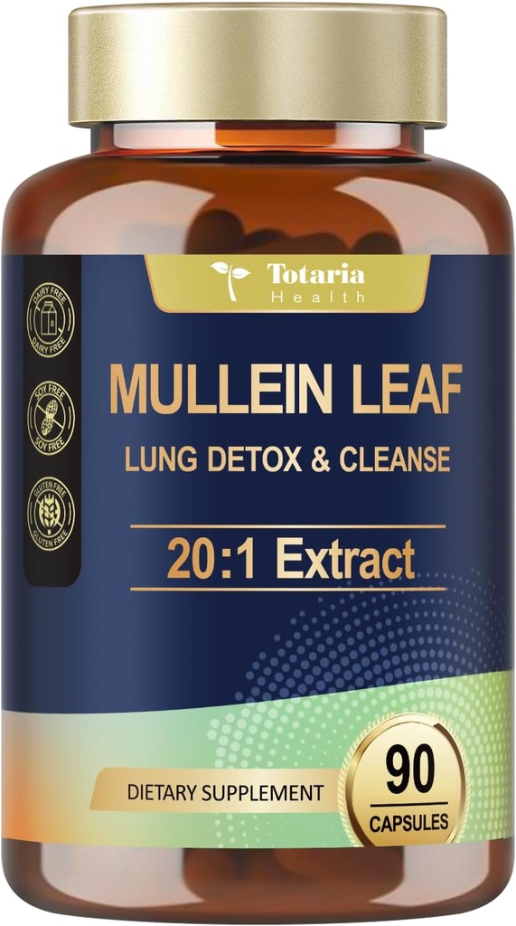 Totaria Mullein Capsule con Calendula per Lung Detox & Cleanse, Estratto di foglie di Mullein per polmoni Integratori di erbe per la salute e l'immunità respiratoria - 90 Caps Vegan