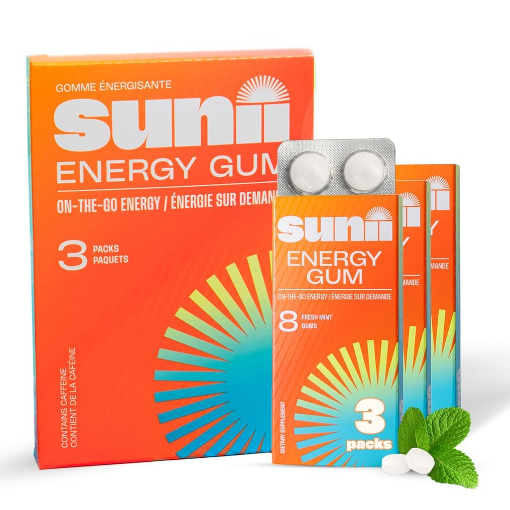 SUNII ENERGY GUM - New Quick Boost Energy & Focus - 50mg Caffeine Gum -Vitamins B6 & B12, Taurine, Vegan, No Sugar, Zero Calorie, Fresh Mint Taste - Più veloce che Chews, Bevande, Gel &amp; Pills (24pcs)