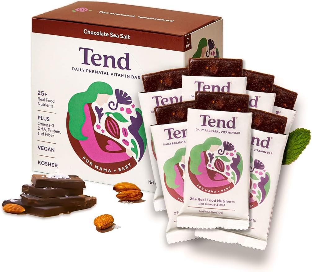 Tend quotidien meilleure barre de vitamines prénatales, faite avec des ingrédients organiques pour les mères enceintes et postpartum, comprend DHA, vitamine D, B, Choline, Folate - sel de mer au chocolat (7ct)